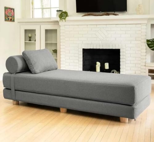 Image of SOUL CRAFT Modern Modular Daybed /Fold-Out Sleeper, Beige, Velvet Fabric, Converts to 2 Single Beds or 1 Queen Bed, with Mattress 203 cm x 74 cm(6.66 ft x 2.43 ft) (Grey)