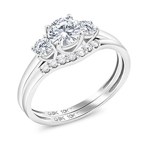 Gem Stone King 10K White Gold Moissanite and White Lab Grown Diamond 3-Stone Bridal Engagement Wedding Ring Set For Women (0.74 Cttw, Round 5MM, Available in Size 5,6,7,8,9)