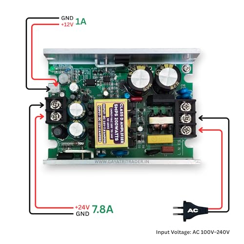 Image of Class D Amplifier 200W SMPS Power Supply AC to DC Dual Output 24V 7.8A + 12V 1A | Switch Mode Power Supply (AC100-240V Input) | Short Circuit & Over Voltage Protection | DJ LED, DIY Projects