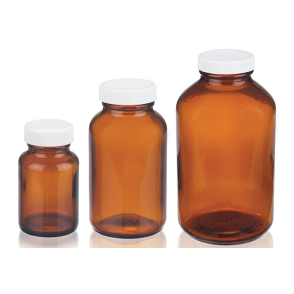 Wheaton W216957 Wide Mouth Packer Bottle, Amber Glass, Capacity 8oz With 45-400 White Polypropylene Poly-Vinyl Lined Screw Cap, Diameter 66mm x 119mm (Case Of 84)