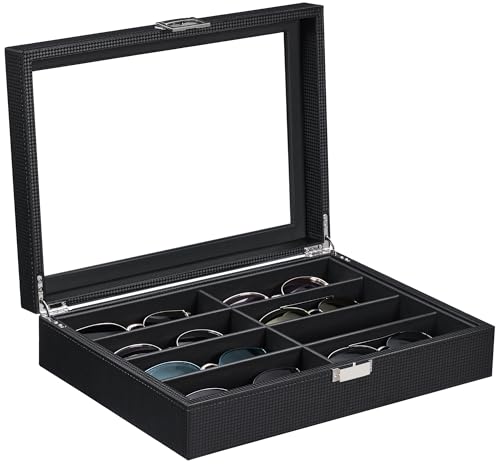 BEWISHOME Glasses Organizer for Men, Sunglasses Organizer, 8-Slot Sunglasses Storage Case with Large Clear Glass Lid, PU Leather Lined Eyewear Display Box
