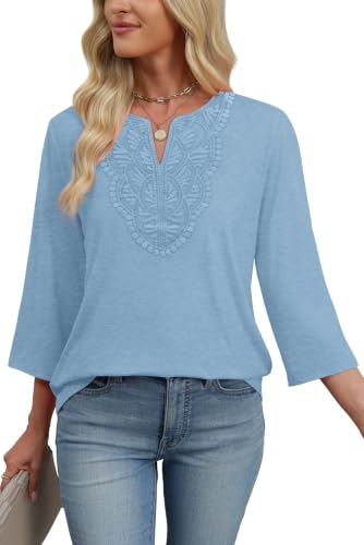 Image of WIHOLL 3 /4 Length Sleeve Womens Tops Boho V Neck Lace Shirt Trendy Blouses Dressy Casual Vacation Clothes S-3XL