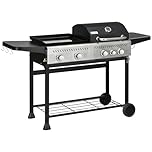 Outsunny 2-in-1 Gas BBQ and Plancha Grill, 12 kW 4+1 Burner Propane Gas Barbecue with Wheels, Warming Rack, Shelves, Thermometer, Bottle Opener for Garden Party Festival, Black