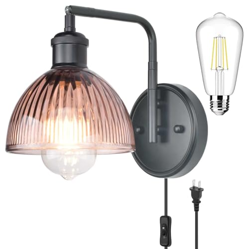 Image of Swing Arm Wall Sconce, Plug in or Hardwired Black Wall Lamp with Green Stripe Ribbed Glass Shade, Vintage Edison LED Bulb Wall Light Fixture for Living Room Bedroom Bedside Bathroom Hallway