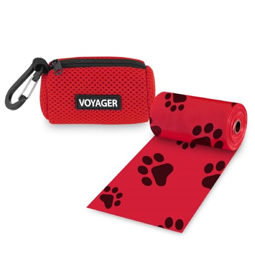 Image of Best Pet Supplies Dog Poop Bag Holder Leash Attachment with Reusable Dispenser for Travel, Walking, Park, and Outdoor Use, Durable with Clip-On - Red, Mesh Dispenser w /15 Bags