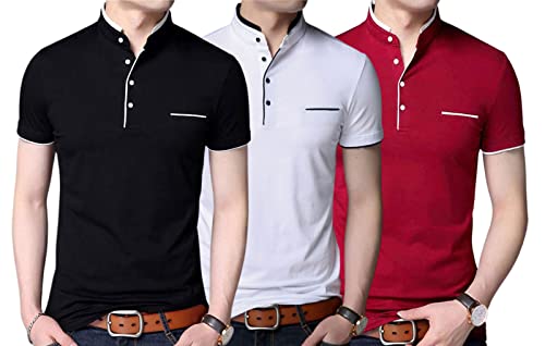 Image of Pixie Fashion Polycotton Mandarin Collar Half Sleeves Men's T-Shirts Combo (Pack of 3)