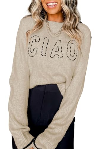 MARZXIN Women Casual Long Sleeve Sweater Round Neck CIAO Pattern Graphic Oversized Knitted Pullover Tops