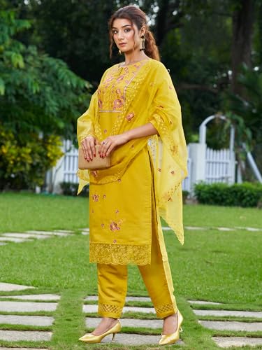Image of INDO ERA Women's Silk Blend Straight Kurta and Pant with Dupatta Set