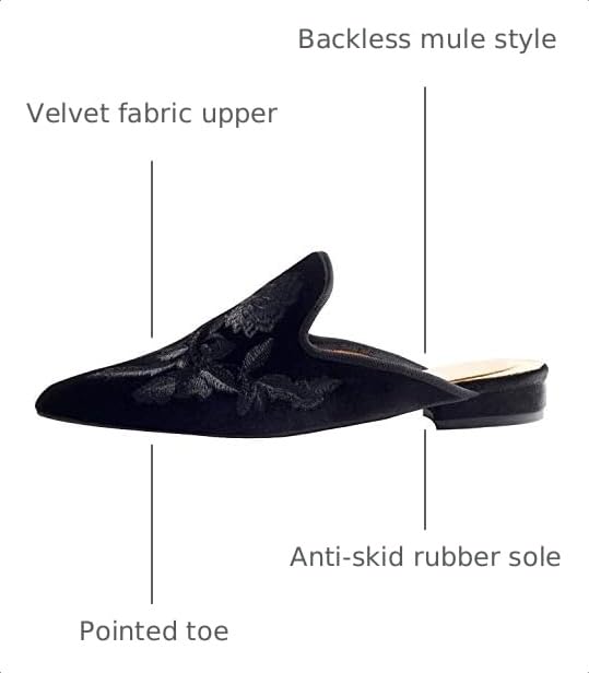 Image of Fericzot Women's Velvet Backless Pointed Toe Slip On Loafers Flats Embroidery Mule Slippers Shoes