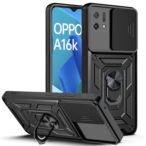 Image of AESTMO Tough Armor Compatible with Oppo A16K Bumper Back Case Cover | Ring Holder & Sliding Camera Shield Cover | 360 Degree Protection Back Case Cover (Black)