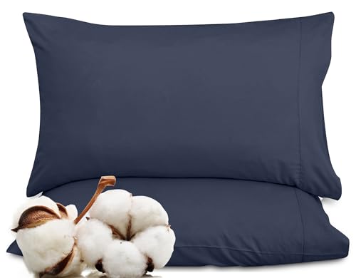Image of ROYALE LINENS 300 Thread Count 100% Long Staple Combed Cotton Pillowcases Set of 2 - Ultra Soft - Standard Bed Pillow Cover - 20 inchx26 inch - Breathable, Cool & Crisp Percale Navy Pillow Cases (Std, Navy)