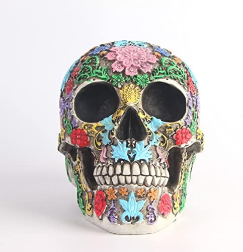 BigTree Life Size Adult Human Skull Bone Realistic Anatomical Flower Head Sculptures Model for Gothic Halloween Party Decoration Mexican Day of the Dead Props Desk Ornament Resin Skeleton Décor