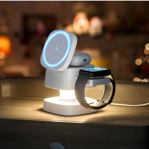 2026 Upgraded4 in 1 Wireless Charger 3 in 1 Wireless Charging Station with Night Light for MagSafe Charger 15W Magnetic Travel Stand for iPhone17/Air/Pro/Max/16/15/14/13/12 Apple iWatch Airpods