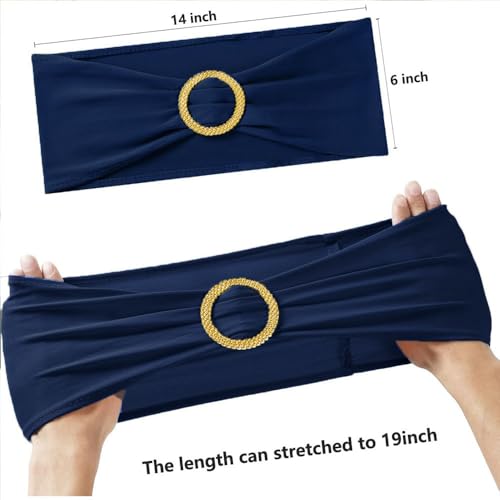 Image of 50 Pack Navy Blue Chair Sashes with Gold Buckle Slider, Spandex Dark Blue Bands Bows for Folding Chairs Gender Reveal Banquet Decor