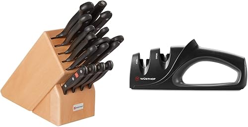 Wüsthof Juego de bloques de cuchillos gourmet tamaño único bloque de madera de haya cuchillos de acero inoxidable y sacapuntas de mano de 2 etapas