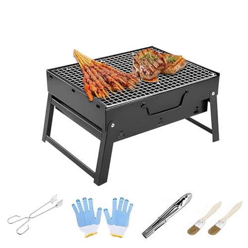 BBQ Barbecue Grill Portable Folding BBQ Grill, Foldable Charcoal Grill for Outdoor, witjh Food Clip, Carbon Clip, Oil Brush, Seasoning Brush, and Heat-Resistant Gloves, for Outdoor Picnic, Garden Ter