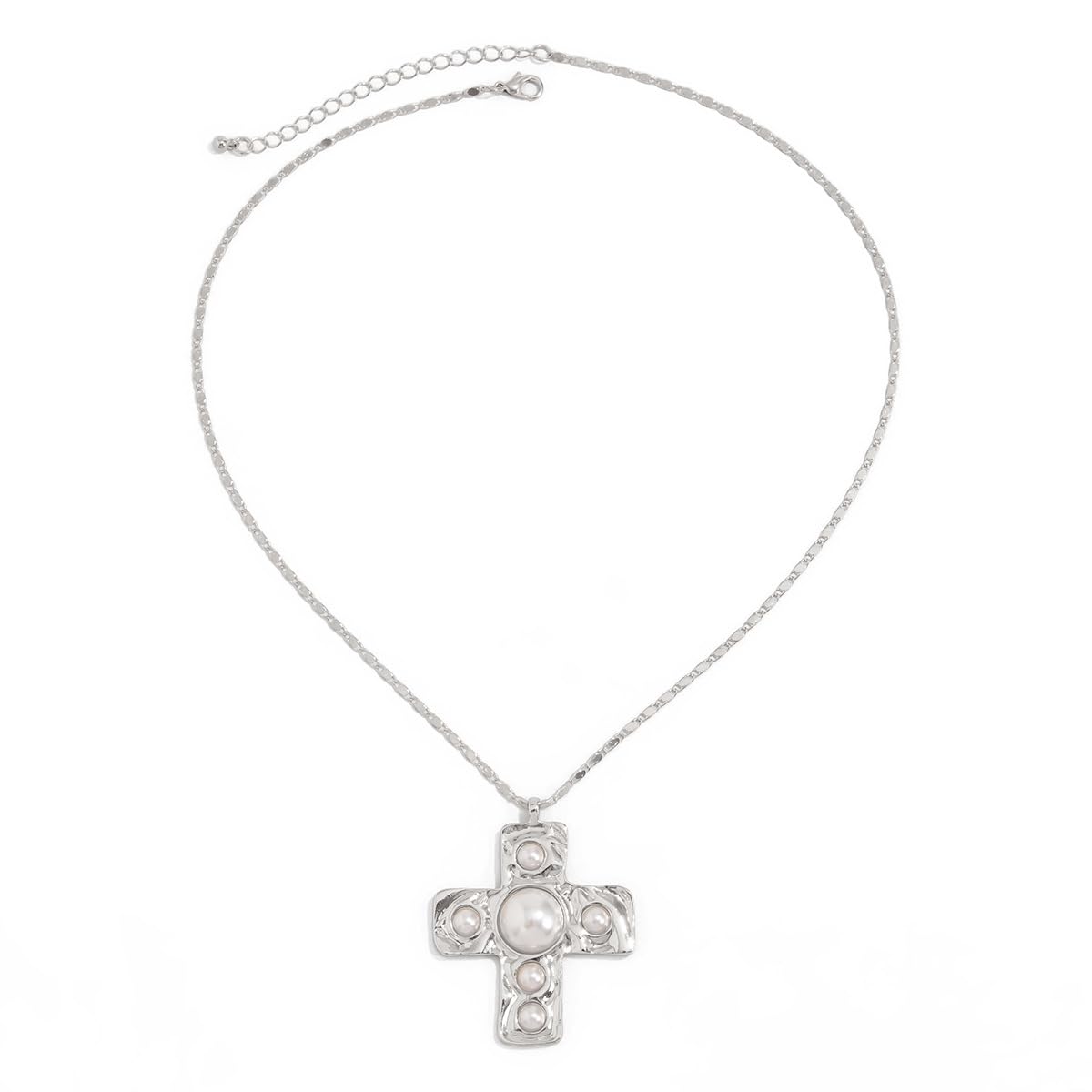 Silver Plated Hammered Cross Pendant with Embedded Pearl | Anti-Tarnish Jewels | Necklace for Women and Girls |Boho Beach Jewelry | Statement Chunky Accessory-image-33