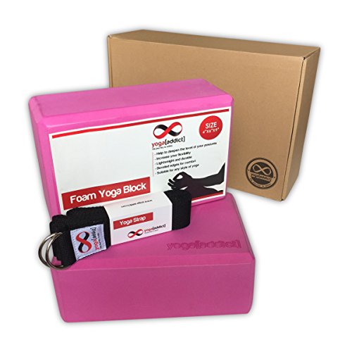 YogaAddict Foam & Cork Yoga Blocks 2 Pack and Yoga Strap Set with Box, Yoga, Pilates, Deepen Poses, Improve Flexibility and Strength, Gifts for Yoga Lovers