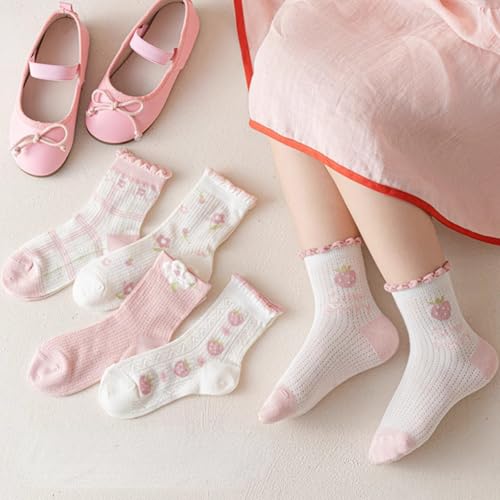 5 Pairs Girls Thin Spring Summer Cotton Mesh Ankle Socks, Breathable Cute Strawberry Trim Princess Mid-Calf Socks3