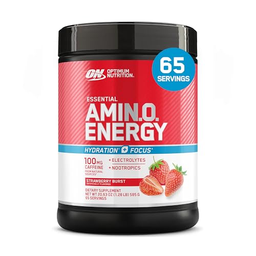 Image of Optimum Nutrition Amino Energy Powder Plus Focus, with BCAA, Electrolytes, and Caffeine, Strawberry Burst, 65 Servings (Packaging May Vary)