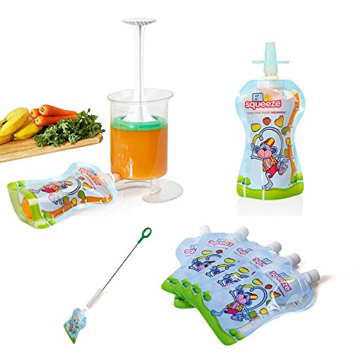 The Original Patented Fill n Squeeze Baby Weaning Pouch Filling Station for Homemade Baby Food, Apple Sauce, Smoothies,Reusable Pouches, Cleaning Brush & Filling Food Station (Special Price)