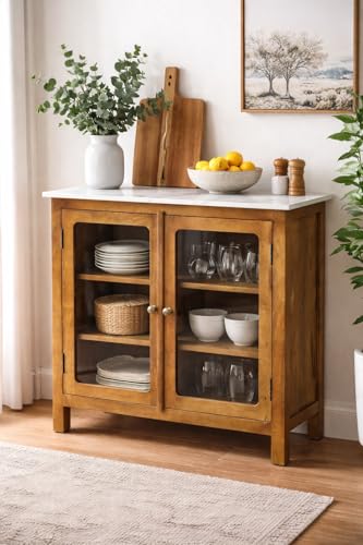 Image of Solid Wood Madrid Crockery Cabinet (S) | Display Cabinet with Sintered Stone Top | Finish- Scratch Resistant Light Brown