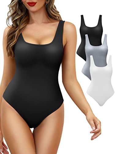 CHARMMA Women’s 3 Piece Bodysuits – Ribbed Sleeveless Shapewear Round Neck Tank Top Body Shaper Slim Fit Jumpsuits