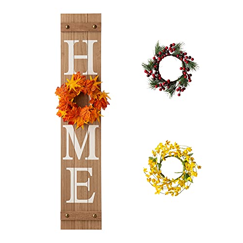 Glitzhome Welcome Sign for Front Door Porch Rustic Farmhouse Wooden Hanging Wall Sign with 3 Interchangeable Floral Wreath for Seasons Spring Summer Fall Harvest Thanksgiving Christmas, 42â€H, Natural