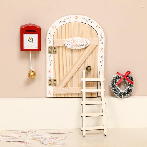 Mamimami Home Festival Wooden Little Magical Fairy Door Elf Miniature Tiny Door with Ladder and Wreath Tooth Fairy Door Handmade Christmas Decorations