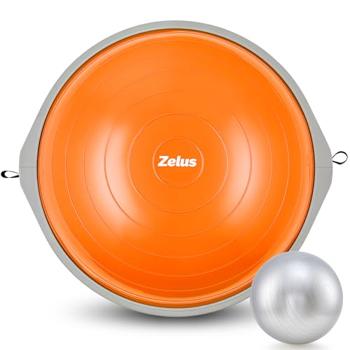 ZELUS Half Dome Balance Ball, 24.4" Balance Trainer Ball with Nonskid Base 660 lb. Max. Capacity, Exercise Ball with 2 Resistance Bands & Yoga Ball, Half Stability Ball for Home Gym Workout, Orange