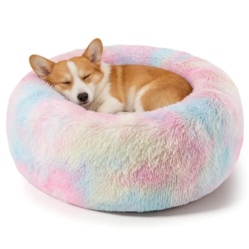 Image of Dog Calming Beds for Medium Large Dogs Round Donut Washable Anxiety Dog Bed | Anti-Slip Faux Fur Fluffy Donut Cuddle Anxiety Large Dog Bed Up to 65 Lbs(32 inch Colorful)