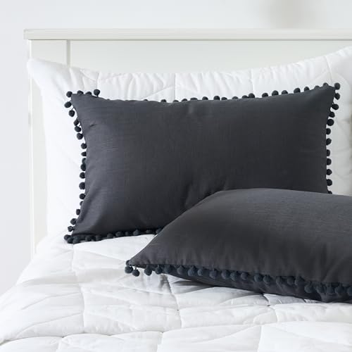 Image of 100% Cotton Pom Pom Cushion Without Filler, Elegant & Modern Cushion Cover for Living Room, Rectangle, 12 inchx20 inch, uni slub, Set of 4 - Charcoal Grey