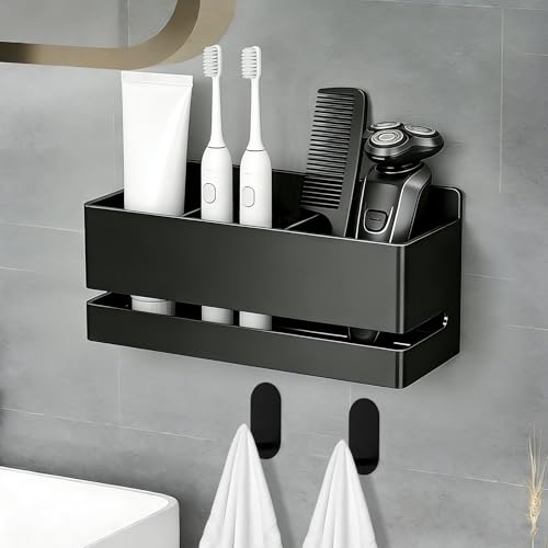 BORISCA Black Aluminum Electric Toothbrush Holder Wall Mounted Three-slot Self Adhesive Wall Mounted Toothbrush Holder with Drain for Toothbrush Toothpaste Razor Bathroom Accessories