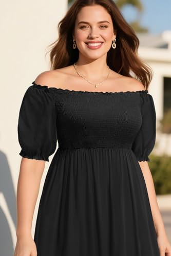 Image of Plus Size Summer Dresses Sun - Maxi Boho Casual Off Shoulder Floral Lace Long Dress with Pockets