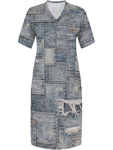Image of SUZONANA Plus Size Dresses for Women Casual Denim Print V Neck Short Sleeve Maxi Dress Trendy Jean Ripped Streetwear Long Curvy Fashion Party Sundress