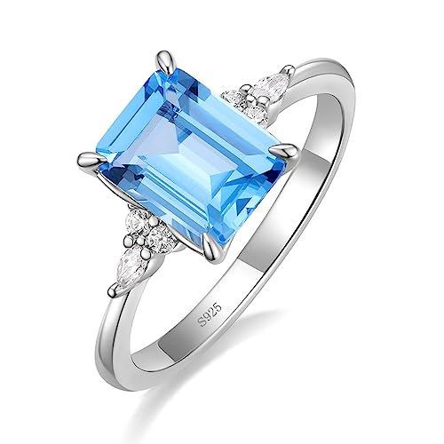 925 Sterling Silver Engagement Rings for Women Created Blue Aquamarine Emerald Round Cut Solitaire CZ Wedding Band Promise Ring for Her Size 5-10