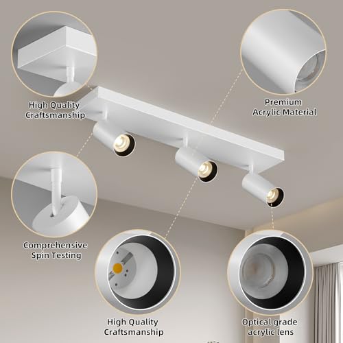 Image of Spotlight Indoor Ceiling LED Light,3 Lights 60W Modern Spot Light Fixtures 4000K White Accent 300Adjustable Picture Painting For Living Room Bedroom Hallway Gallery Flush Mount Directional Lighting
