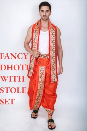 Image of Rameshwaram Fabrics Mens Ready to Wear Silk Dhoti with Angwastra Set - Pocket Dhothi