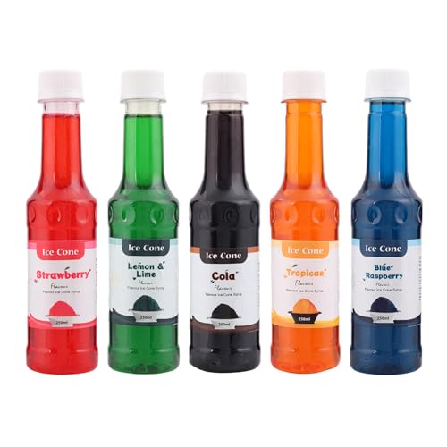 Sirup für Ice Cone, Mixed Popular Flavour Sirups, kann mit All Slush| verwendet werden Slushie Machines Strawberry, Cola, Blue Raspberry, Lemon & Lime, Tropical je 250 ml (5er Pack)