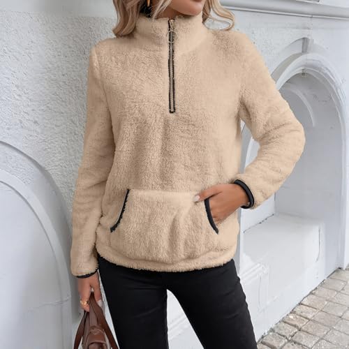Rikbuig Khaki Womens Sweatshirts Oversized Half Quarter Zip Fleece Pullover - image 5