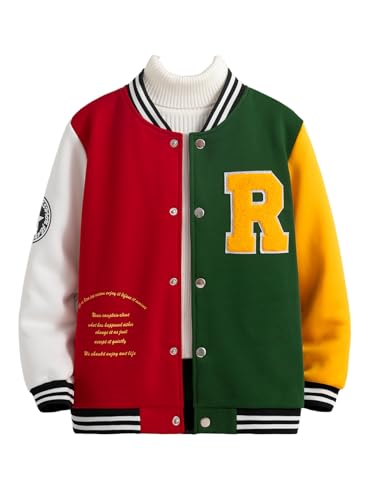 Boys Baseball Jacket Varsity Style Color-Blocking Letter Kids Button Cardigan Sweatshirt Fall Winter Outerwear