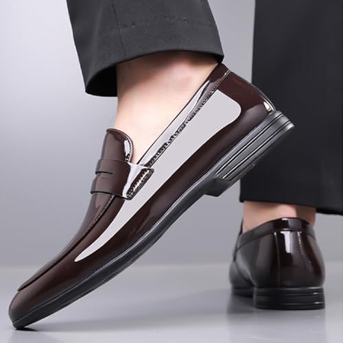 Mens Patent Leather Chunky Heel Penny Loafers Classic Smooth Pointed Toe Slip-On Low Heel Dress Tuxedo Shoes for Work Business Wedding Formal Shoes 6