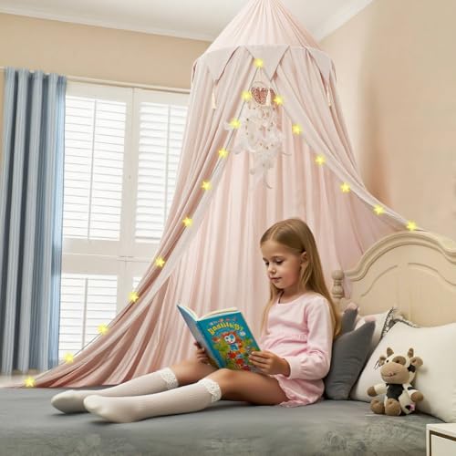 Hommi Lovvi Princess Bed Canopy for Girls, Dreamy Tassels Ceiling Canopy Net Kids Room Decor Soft Nursery Crib Canopy Reading Nook, Large Children Canopies Full Queen Size with Lights - Light Pink