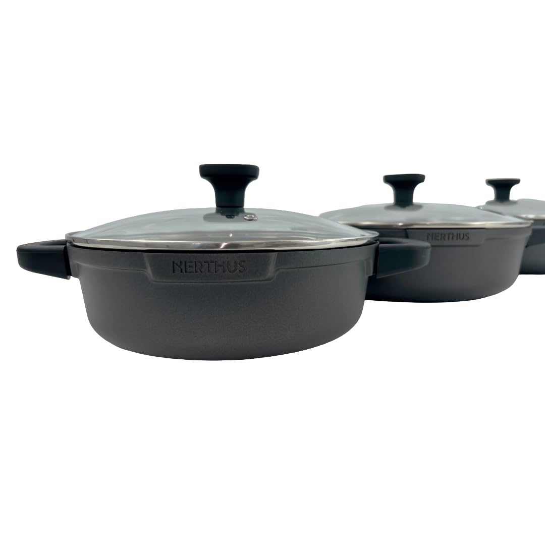Nerthus FIH 1559 niski garnek z odlewanego aluminium z powłoką nieprzywierającą quantanium odpowiedni do indukcji gazu i płyty ceramicznej szklana pokrywka z zaworem i zdejmowane silikonowe uchwyty