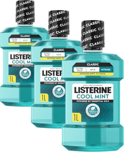 Image of Listerine Cool Mint Intense Taste Classic Mouthwash (Pack of 3 x 1000ml) Helps Kill Germs Left After Brushing, Freshens Breath and Maintain Healthy Gums