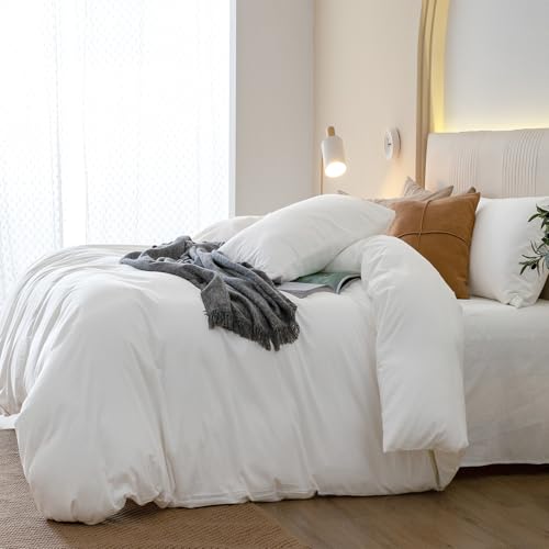 JIYUAN 100% Washed Cotton Duvet Cover Set 3 Pieces Oversized King, 1 Duvet Cover 120x98 Inches(Comforter Not Included) and 2 Pillowcases,Linen Feel Bedding Set Comfy and Breathable,Bright White