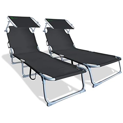 VOUNOT Folding Sun Loungers Set of 2, Sunbed with Adjustable Backrest & Sunshade for Garden, Beach, Patio, Pool, Camp, Load 110 kg, Black Cover
