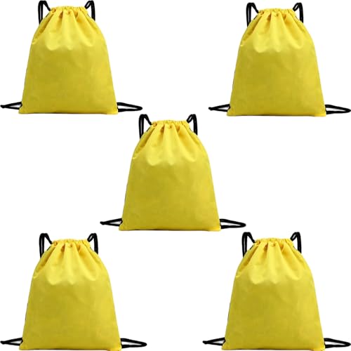 Image of 5-Pack Waterproof Drawstring Backpacks, Soccer-Texture Oxford Fabric, 16.9 inch x 13.8 inch, Lightweight 0.20 lb Each, No Eyelets, Gym & Marathon Gear Sacks(Yellow)
