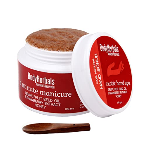 BodyHerbals Hand Scrub 1 Minute Manicure with Goodness of Grape Fruit Seed Oil, Strawberry Extract & Honey | Exfoliating Scrub to Remove Dead Skin & Tan from Hands & Elbows | Scrub for Youthful Hand for Women and Men | 100 gm Paraben and SLS Free
