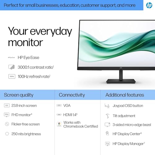 Image of HP Series 3 Pro 24 inch FHD VA Monitor with 250 nits Brightness, 5ms Response Time, Anti-Glare, Flicker Free, VESA Mount (100mm), HDMI, VGA & Dockztorm USB Port Expander, Black Color (9U5C1AA#ABA) 2 Pack